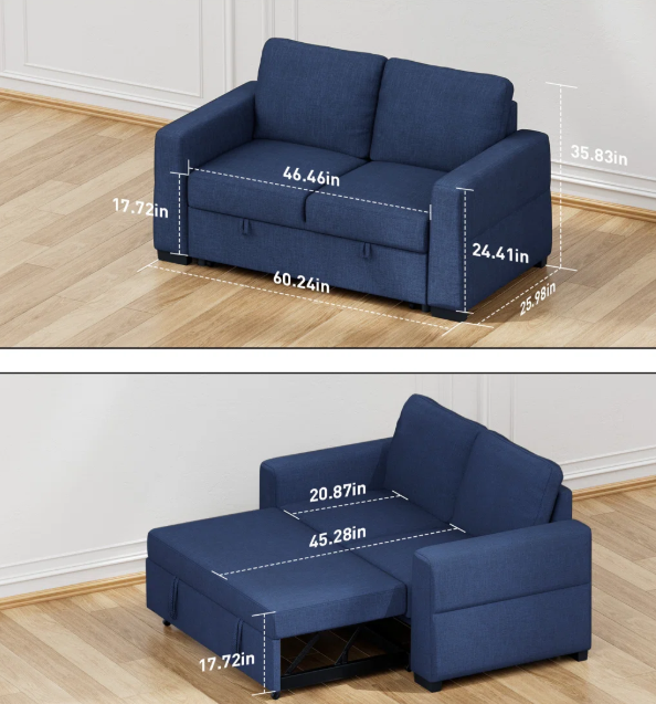 60.2" Linen Upholstered Convertible Sofa Bed with USB Charging Port