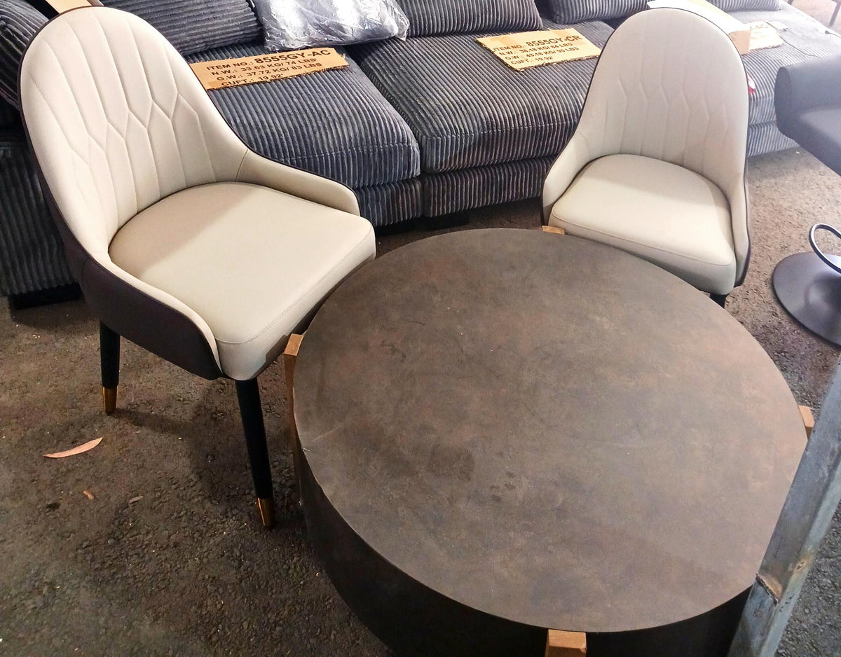 2 Piece White High End Office Chairs with Dark Brown Low Profile Coffee Table