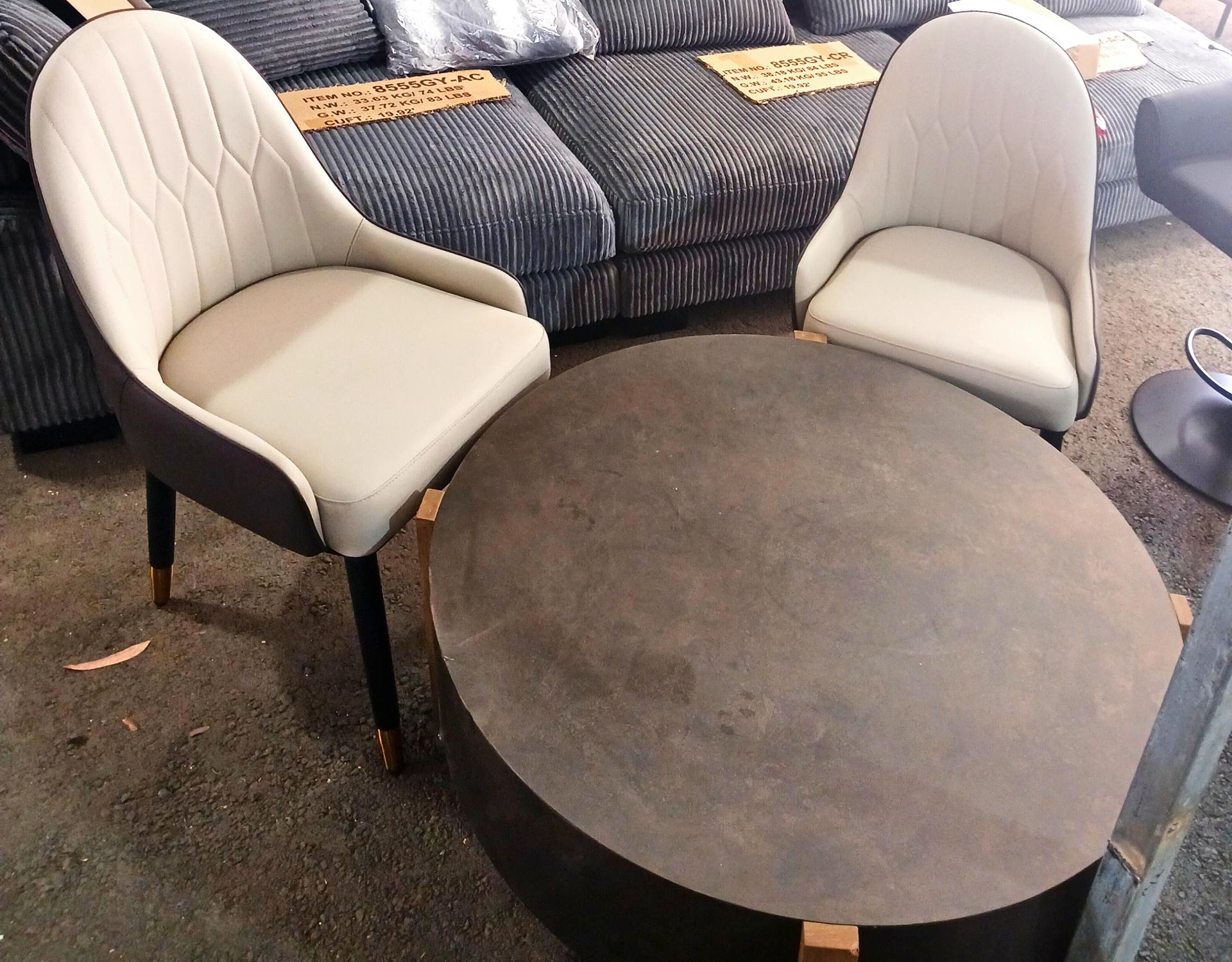 2 Piece White High End Office Chairs with Dark Brown Low Profile Coffee Table