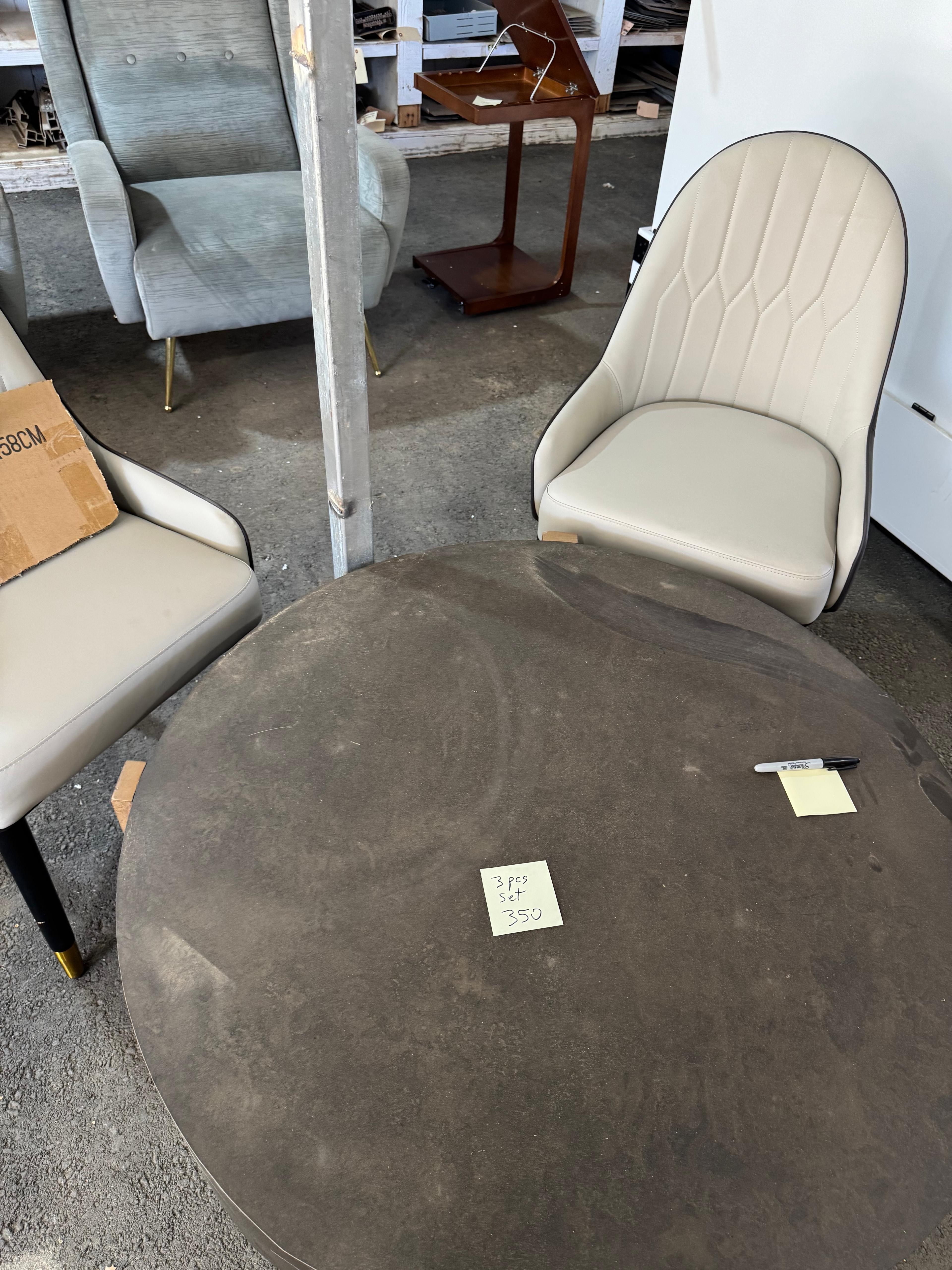 2 Piece White High End Office Chairs with Dark Brown Low Profile Coffee Table