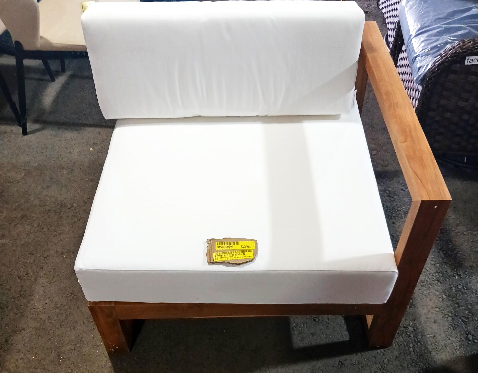 33.5 Inch Wide Teak Left Arm Patio Chair with White Cushions