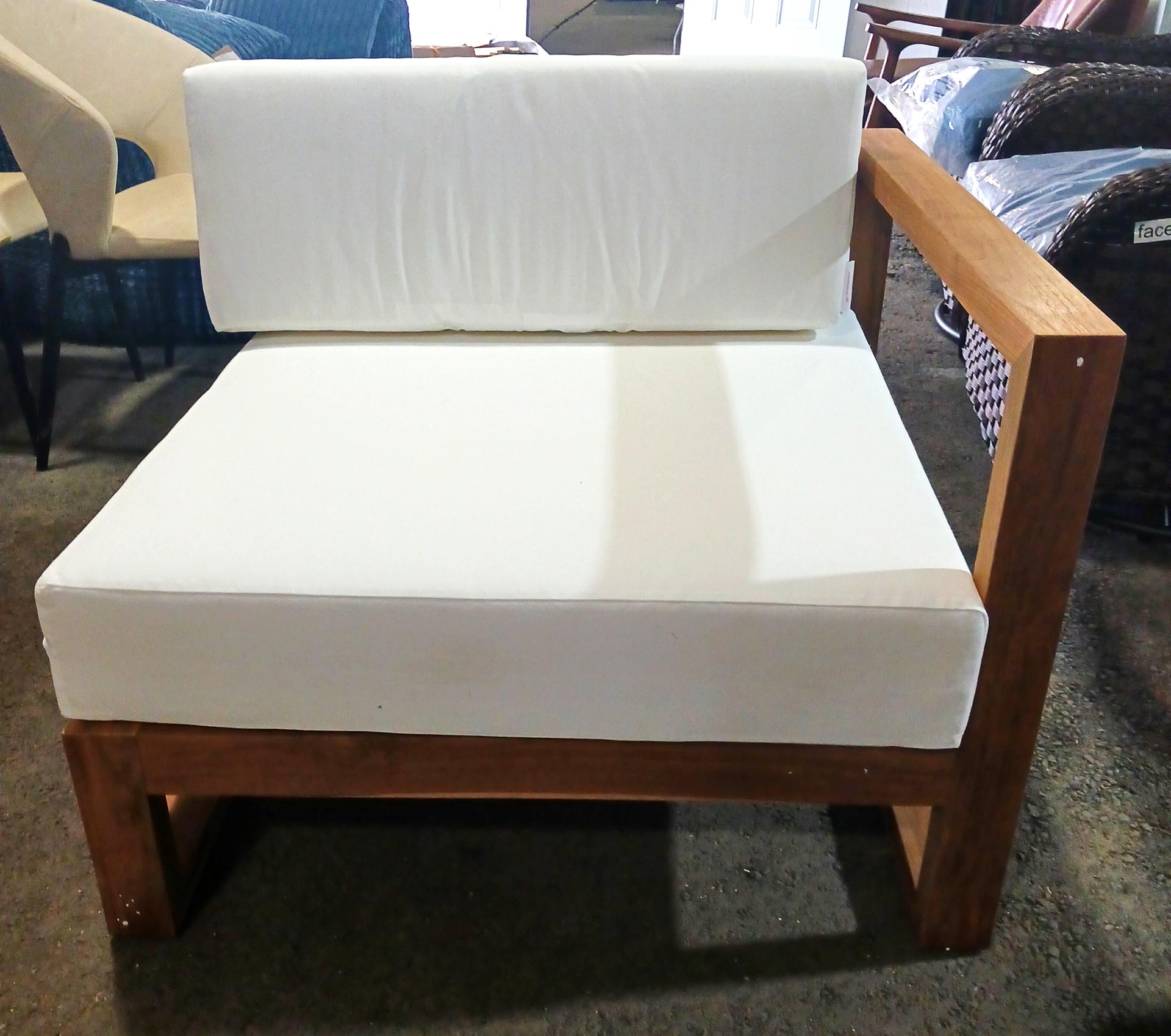 33.5 Inch Wide Teak Left Arm Patio Chair with White Cushions